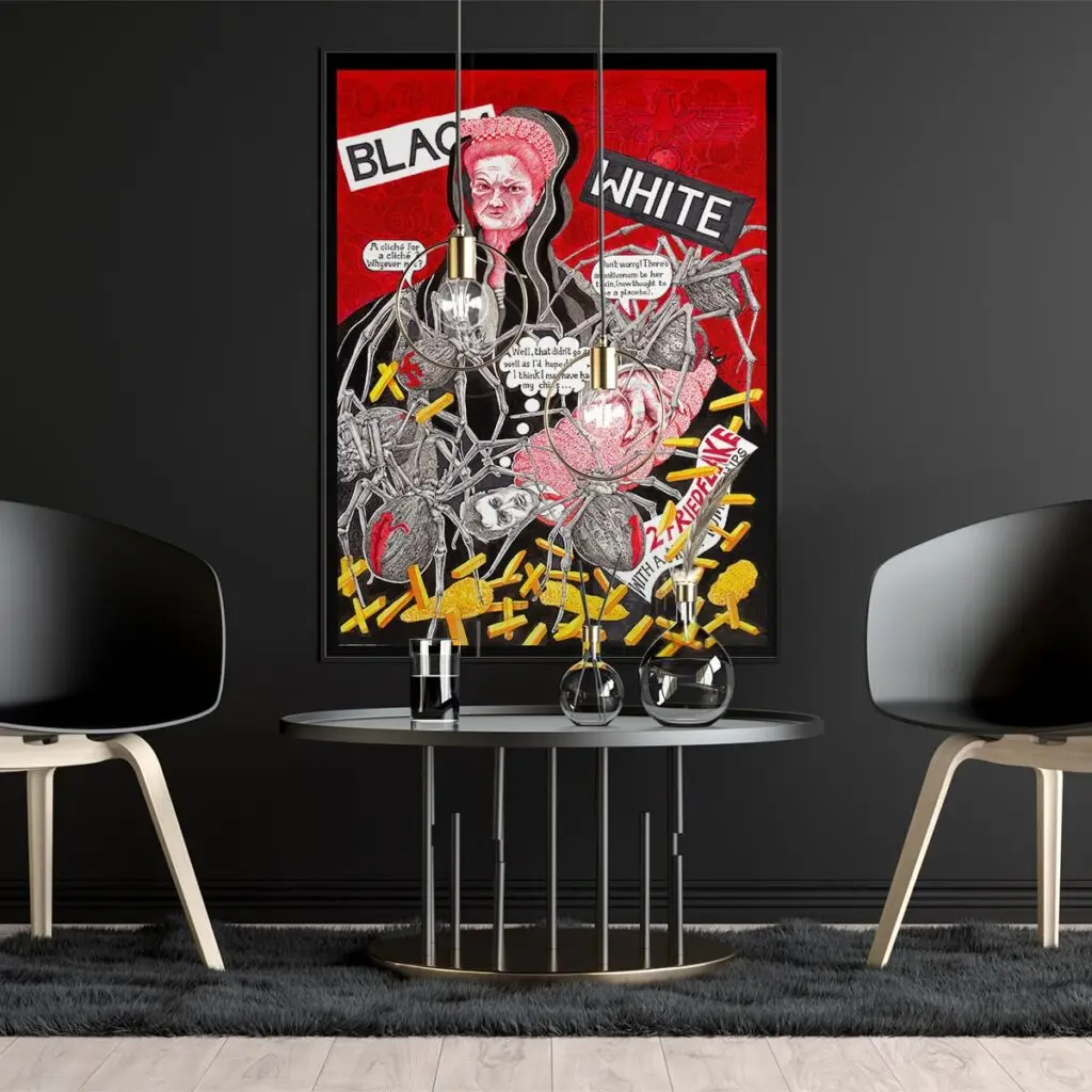 A vibrant political artwork by Ben Holgate titled 'Fried Flake,' showing a caricature of Pauline Hanson being swarmed by large Redback spiders among scattered chips.