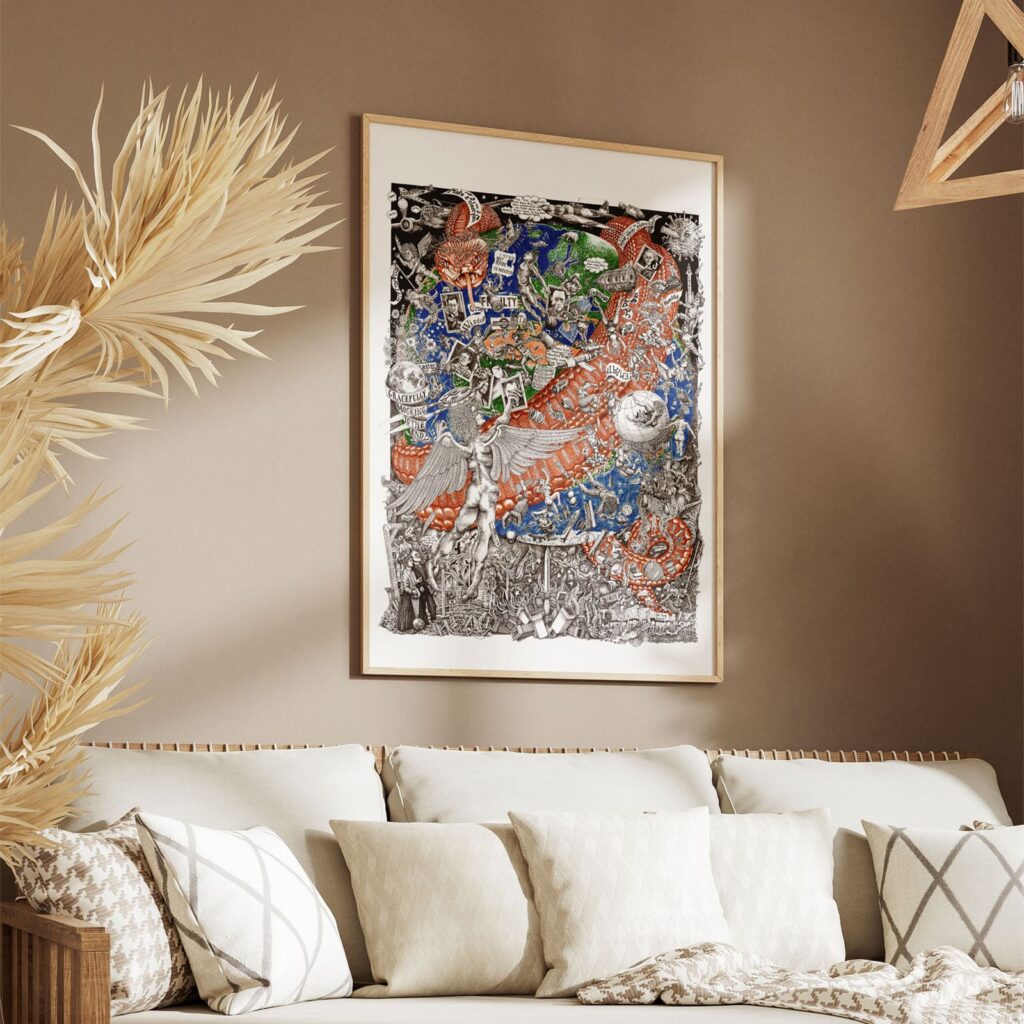 A vertical panoramic artwork by Ben Holgate titled 'Gracefully Mocking to the End,' showing a giant viper coiled around a chaotic globe, with falling figures and political symbols.