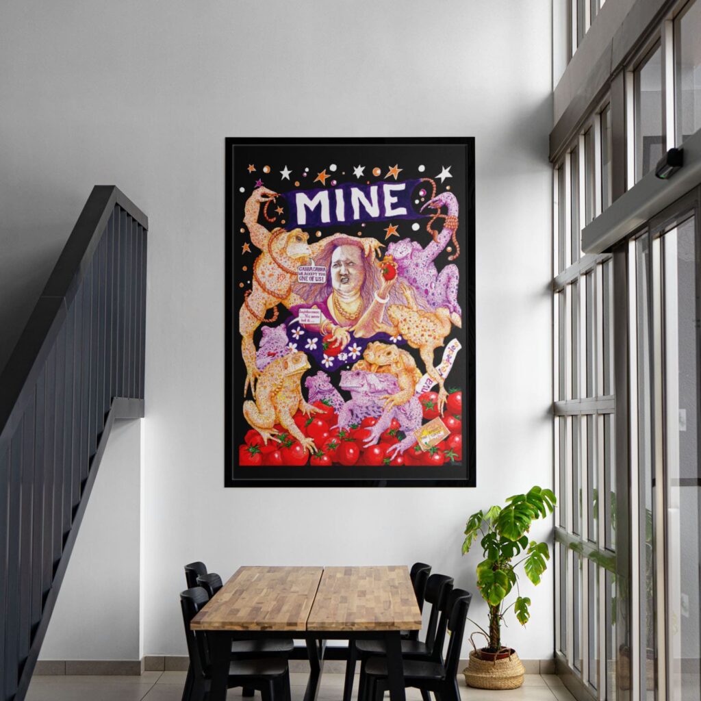 The artwork 'Mine' by Ben Holgate, a political satire of Gina Rinehart, shown framed and hanging in a contemporary dining area.