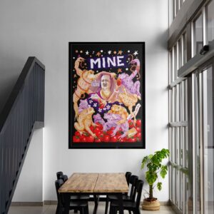 The artwork 'Mine' by Ben Holgate, a political satire of Gina Rinehart, shown framed and hanging in a contemporary dining area.