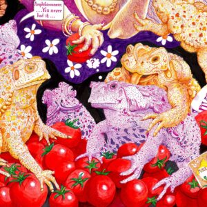 A group of vibrantly coloured cane toads, representing invasive species, swarm over a pile of ripe tomatoes—a symbolic jab at political alliances in the mining industry—while one holds a seed packet for "Mine Tomatoes."
