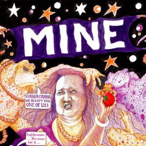 A caricature of Gina Rinehart is celebrated by grotesque cane toads holding a banner that reads 'MINE'. A speech bubble with the Ramones' lyric "Gabba Gabba We Accept You One of Us!" completes the satirical adoption.