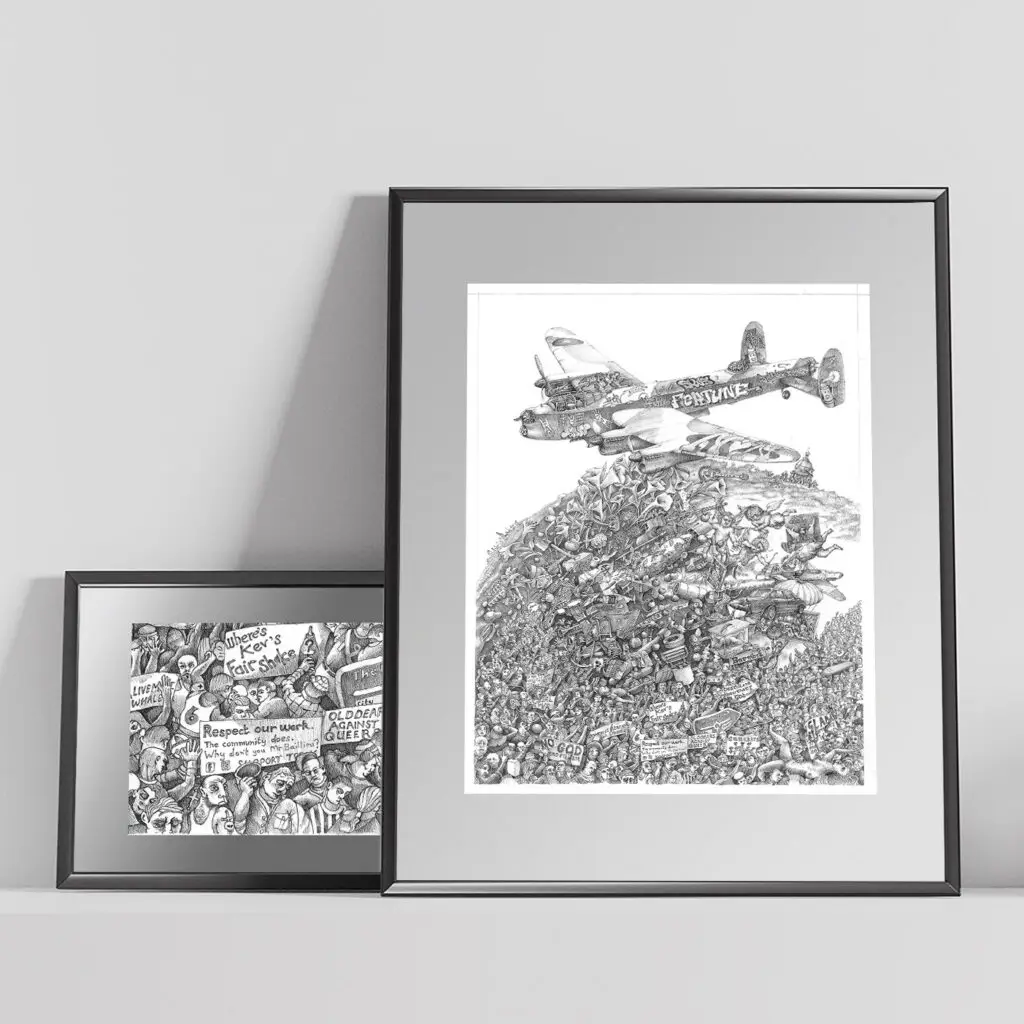 Lancaster drawing , a detailed black and white drawing by Ben Holgate titled 'Lancaster,' showing a WW2 Lancaster bomber covered in graffiti dropping flowers over a landscape.