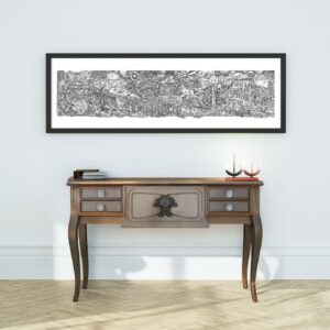A large, panoramic pen and ink artwork by Ben Holgate titled 'The Bombing of Darwin,' displayed in a black frame above an elegant wooden console table.
