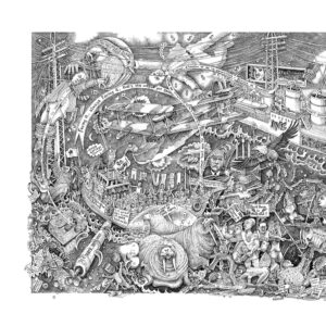 A chaotic scene unfolds with biplanes, walruses, and protest signs, blending historical warfare with surreal, confrontational elements.