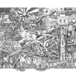 A central fairy-like figure flies over the Darwin cityscape, surrounded by media screens and cultural icons that question modern narratives