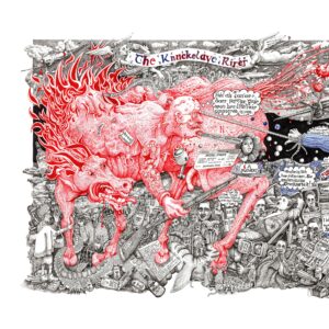 The fiery red Knucklavee from Orcadian myth rears up over a crowd of historical figures, its rage directed at the political chaos.