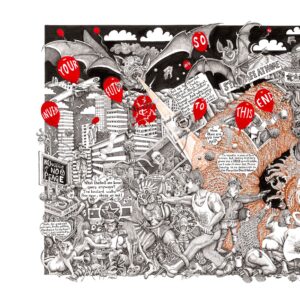 The drawing captures the urban anxiety and protest of the pandemic era, with bats swarming a cityscape and red balloons carrying messages of discontent.