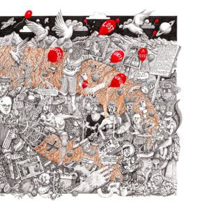Doves of peace fly over a chaotic scene where a worm-like Nigel Farage emerges, symbolizing the parasitic nature of right-wing populism amidst historical confusion and "lost" ideals.