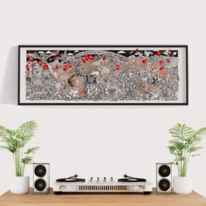 A panoramic pen and ink artwork by Ben Holgate titled 'Morris...dancing,' featuring a chaotic political satire of the Boris Johnson government during the pandemic.