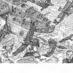 Below the looming aircraft, the familiar suburban landscape of Thornbury is shown in a state of disruption, capturing the feeling of "things falling apart" as global anxieties encroach on local life.