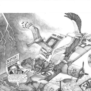 A graffiti-covered B-24 Liberator bomber flies ominously through the sky, surrounded by powerful birds of prey. Figures like Cardinal Pell are depicted, "hiding in plain sight" amidst the chaos.