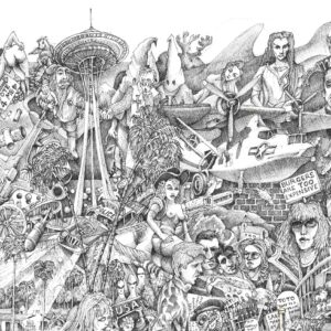 The West Coast is depicted through icons like the Seattle Space Needle and palm trees, clashing with darker elements of American history like the Ku Klux Klan and political caricature.