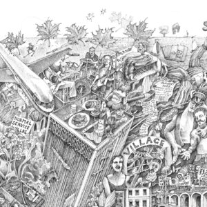 The personal memory of 9/11 is central, with a meal set atop the collapsing World Trade Center, surrounded by cultural nods to New York's Greenwich Village and the music of Canadian band Rush.