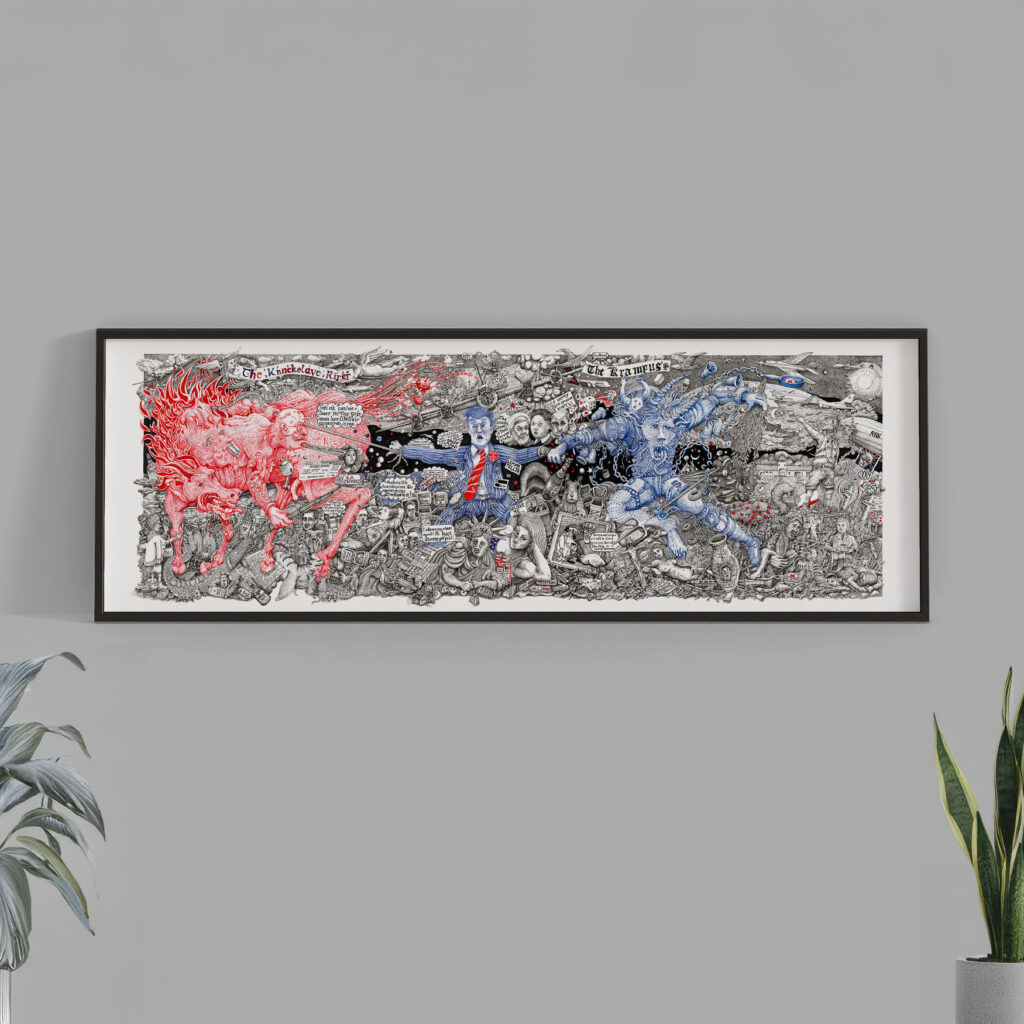 A panoramic artwork by Ben Holgate titled 'The Krampus and the Knucklavee,' framed and hanging on a grey wall, depicting mythical beasts confronting Donald Trump.