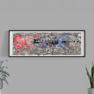 A panoramic artwork by Ben Holgate titled 'The Krampus and the Knucklavee,' framed and hanging on a grey wall, depicting mythical beasts confronting Donald Trump.