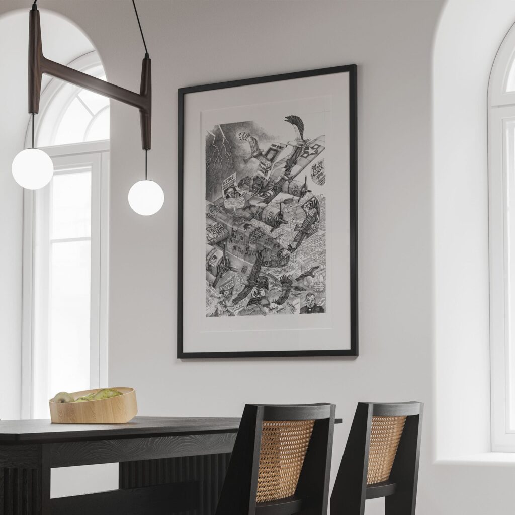 The artwork 'Thornbury (B24)' by Ben Holgate, a finalist in the Rick Amor drawing prize, shown framed and hanging in a modern dining room.