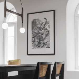 The artwork 'Thornbury (B24)' by Ben Holgate, a finalist in the Rick Amor drawing prize, shown framed and hanging in a modern dining room.